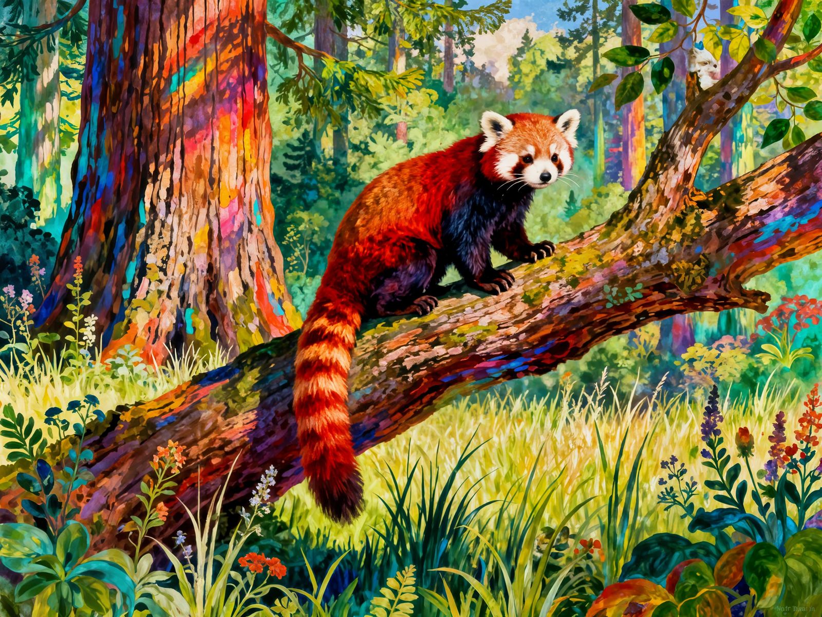 Red Panda in Lush Rainforest, Mystical Expressionism