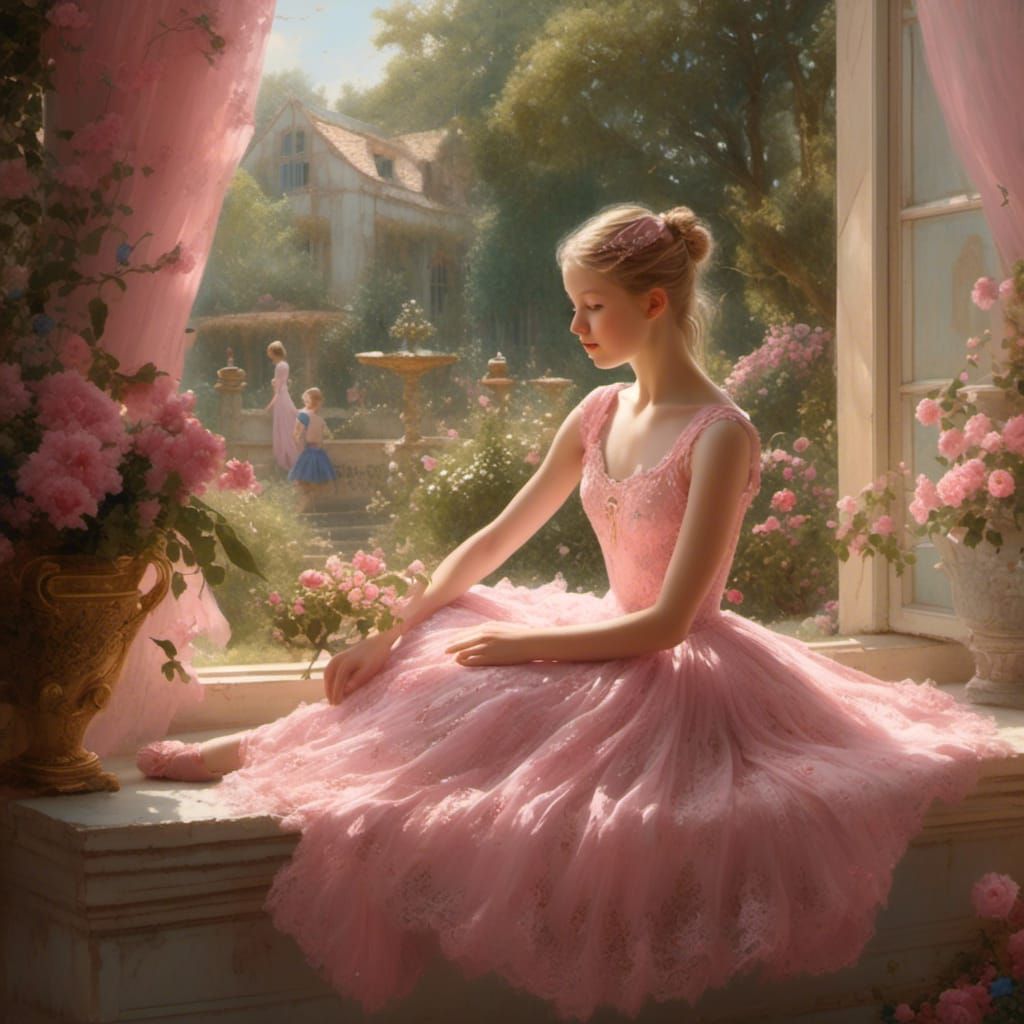 Ballerina in Pink Dress Gazing at Garden