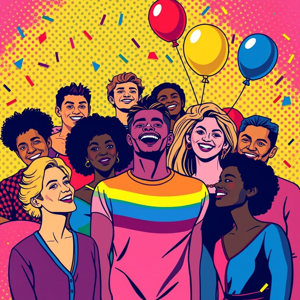 Pop art illustration, banner, texture or background depicting the pride day and the LGBT community with diverse people