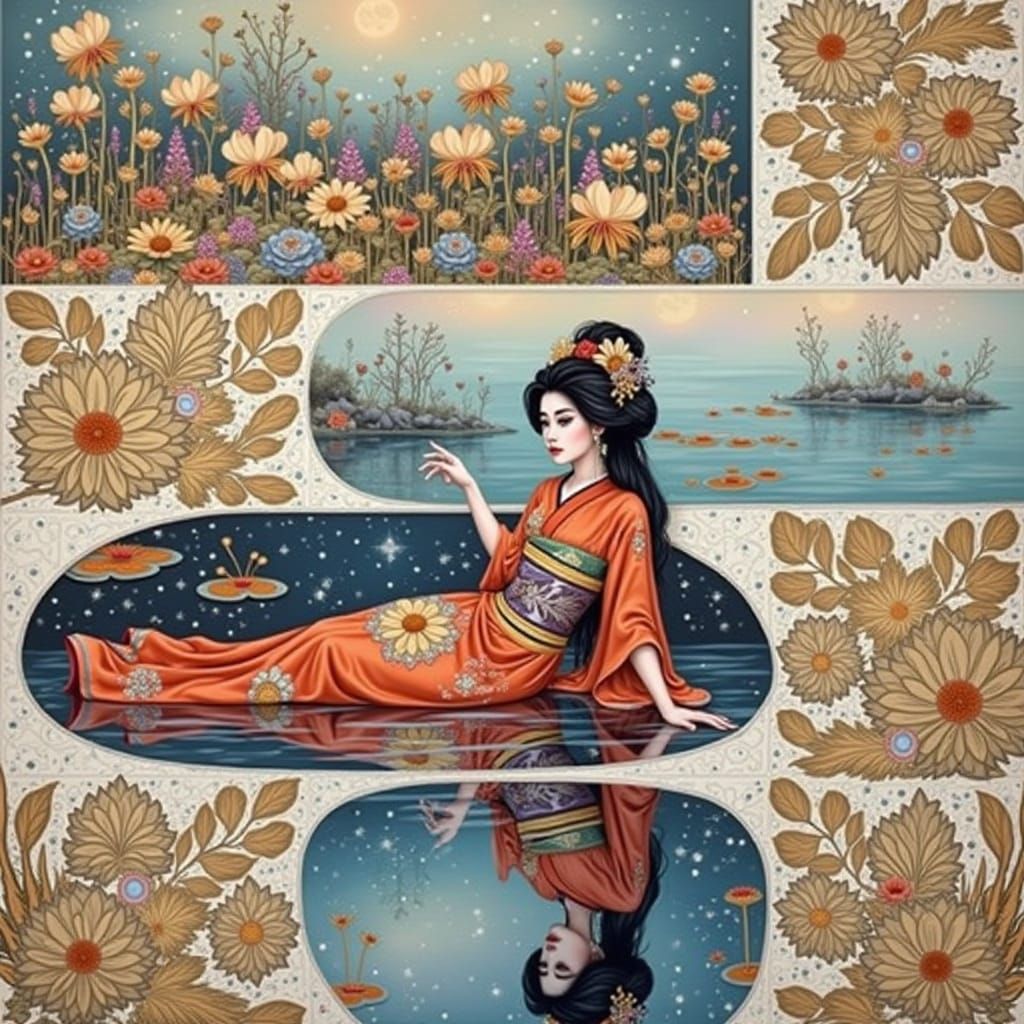 Geisha with Mirrored Reflection in Dark Fantasy Style