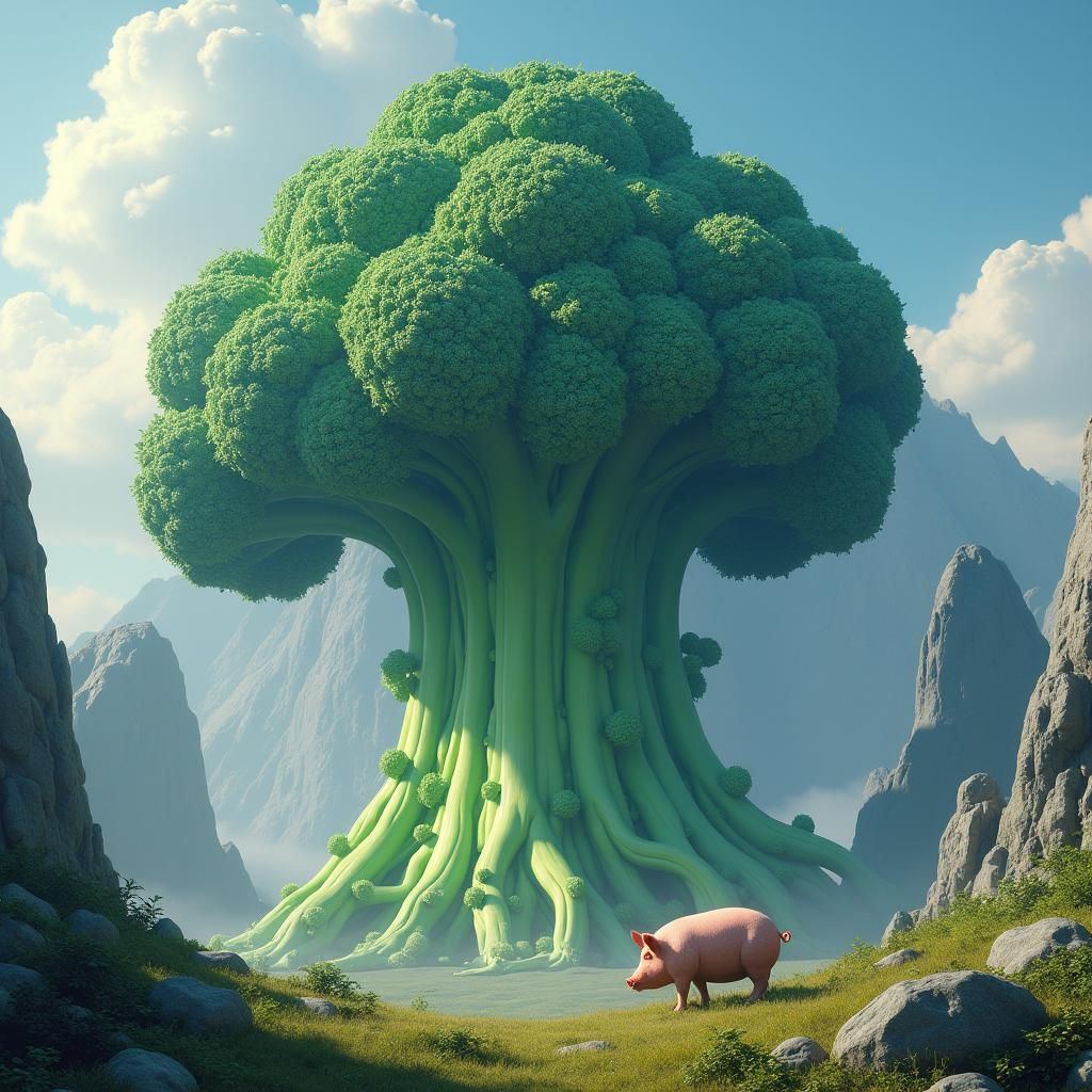 Pig and Broccoli at the Lord of Broccoli's Mountain