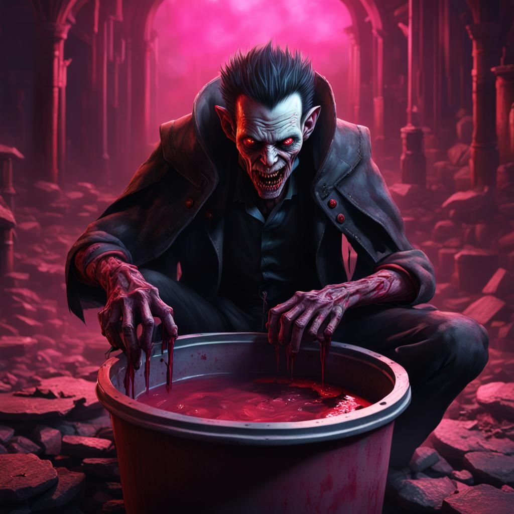 a hyperrealistic image of a diminutive vampire starved for life blood in a bucket, in the style of Ciruelo with a sinist...