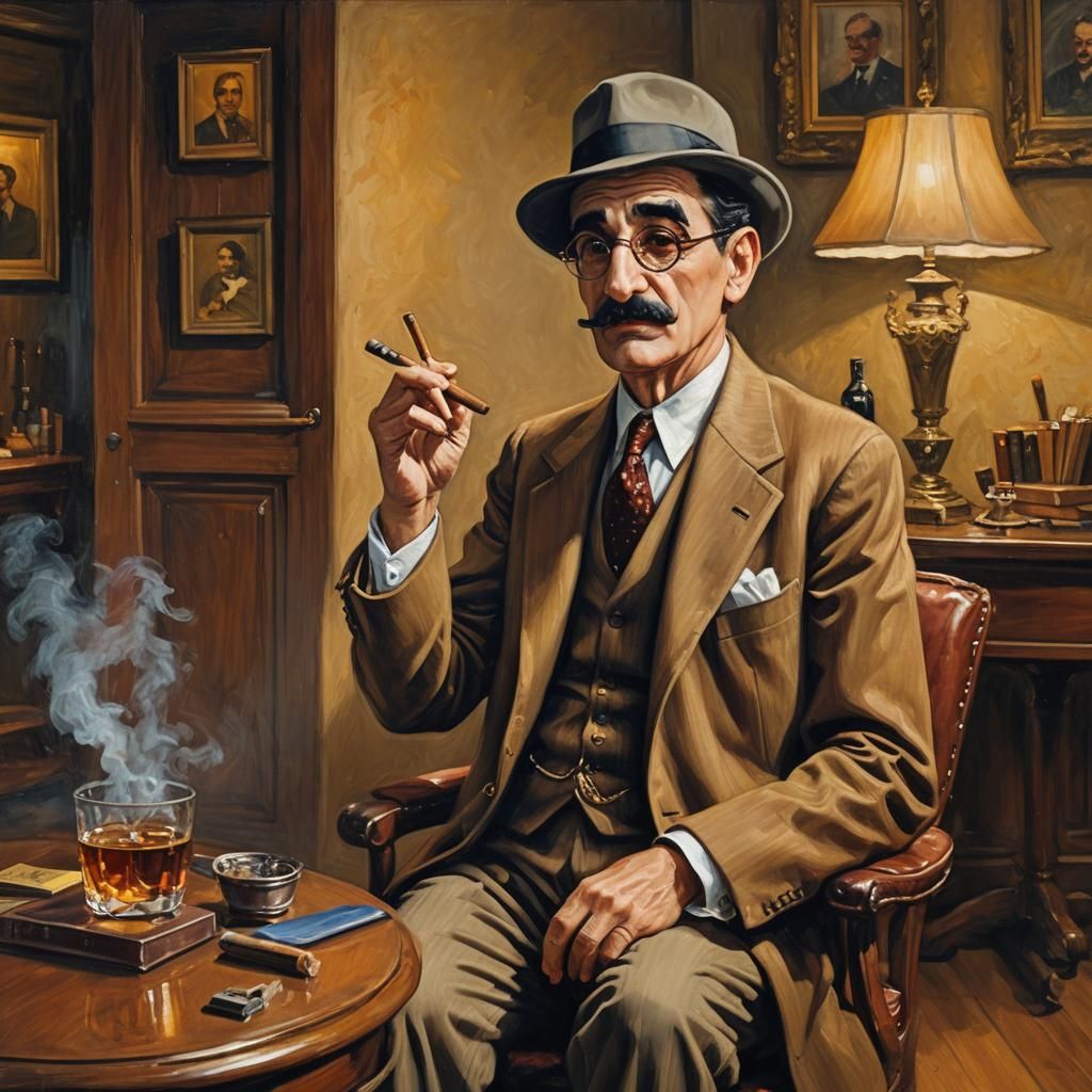 Groucho Marx Smoking Cigar, Oil Painting