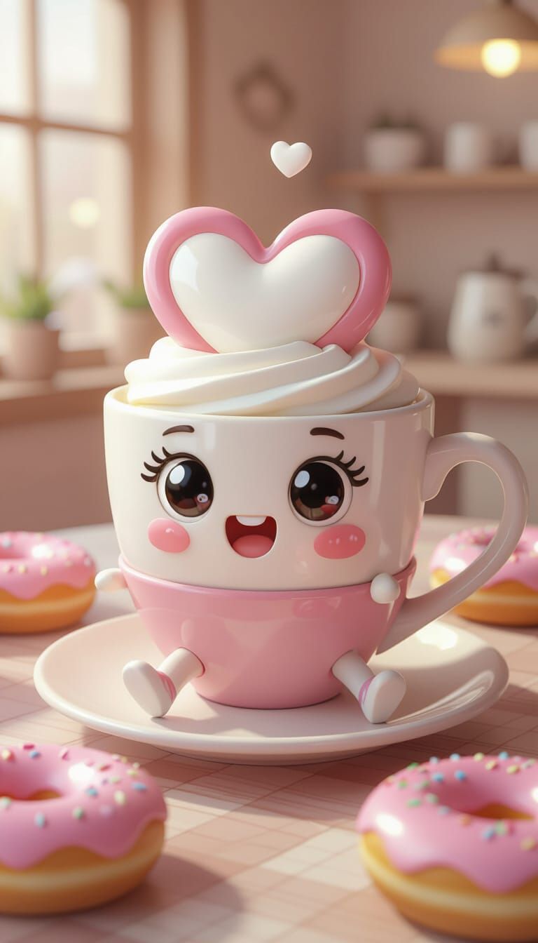 Kawaii Coffee Cup with Heart Foam and Donut Friends