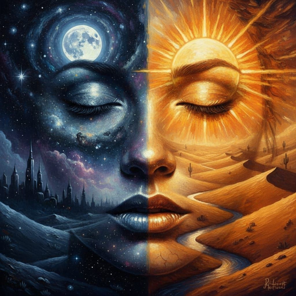 Surreal Double Exposure: Woman's Face with Sun and Moon
