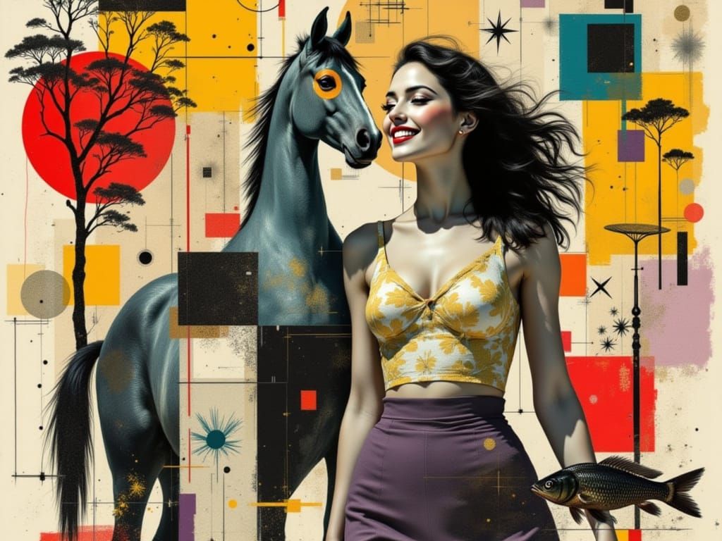 Woman and Horse in Cubist-Expressionist Style