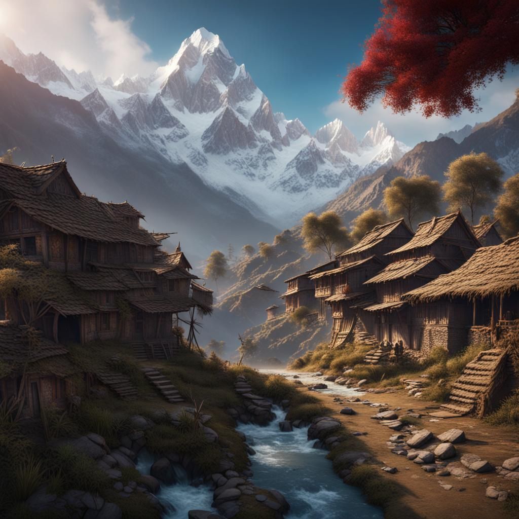 Remote Himalayan Village: Detailed Matte Painting