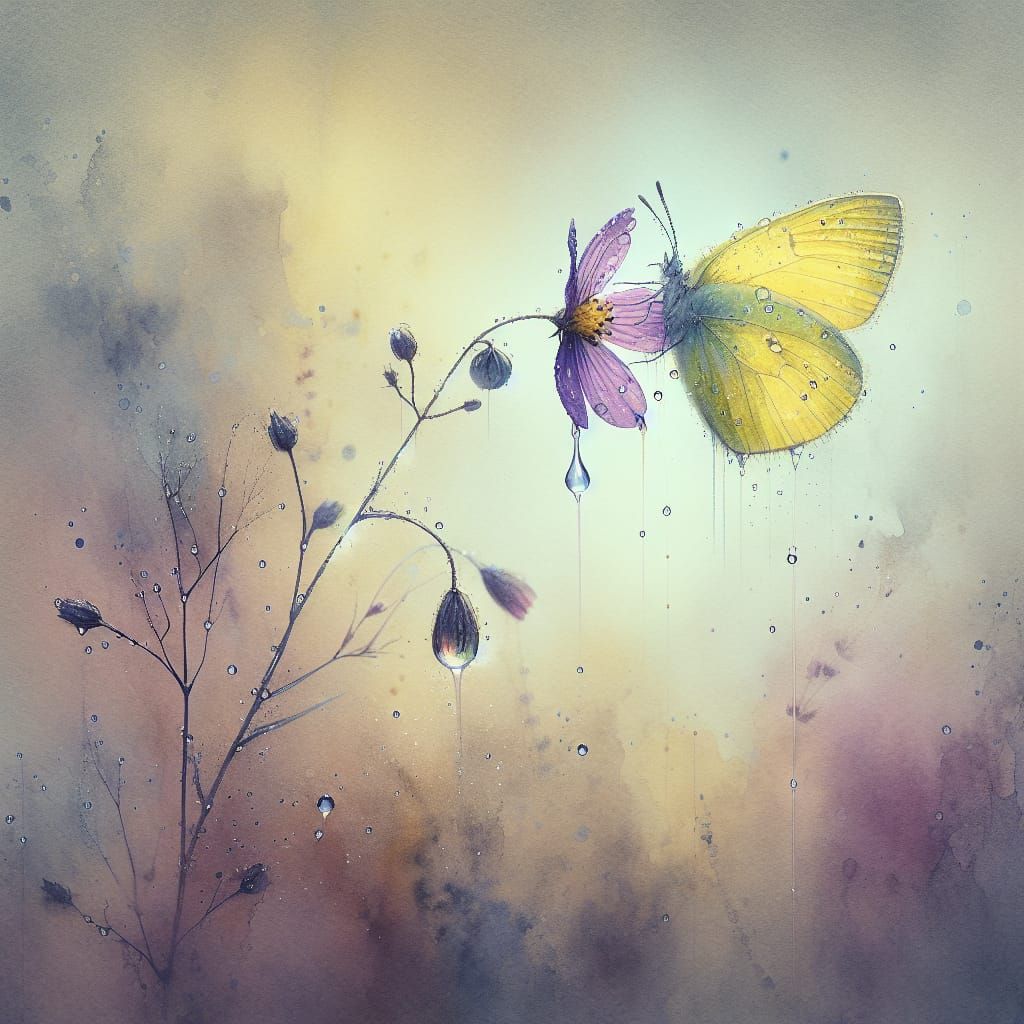 Dreamy Yellow Butterfly on Wet Purple Flower