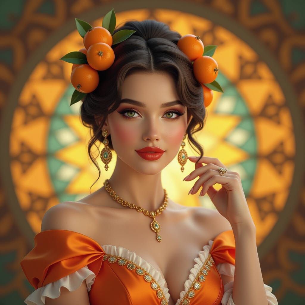 Orange Fruit Woman Portrait in Art Nouveau Style