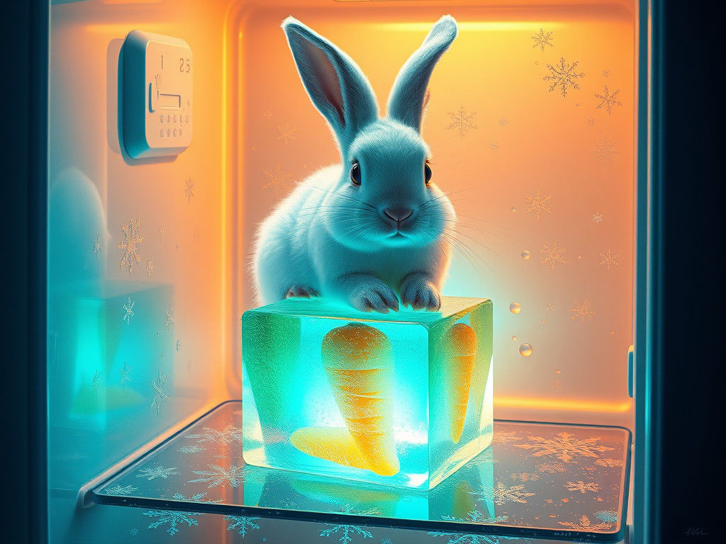 Rabbit on Frozen Carrot in Transparent Fridge