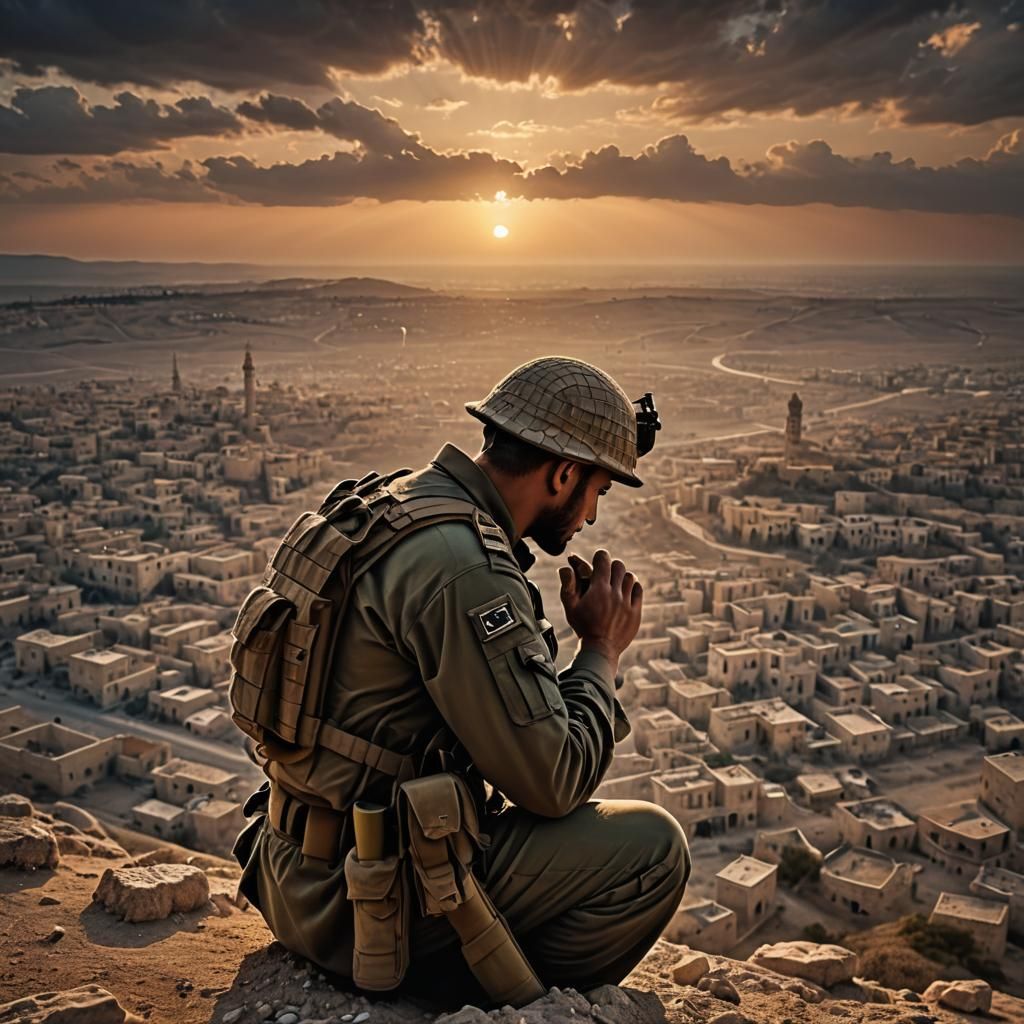 IDF Soldier Prayer at Sunset in Hyperrealism
