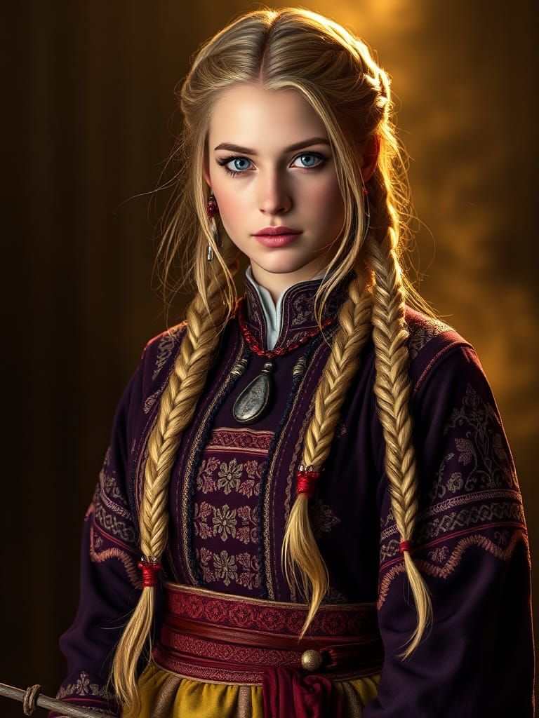 A woman with braided blonde hair and blue eyes. Finnish nati...