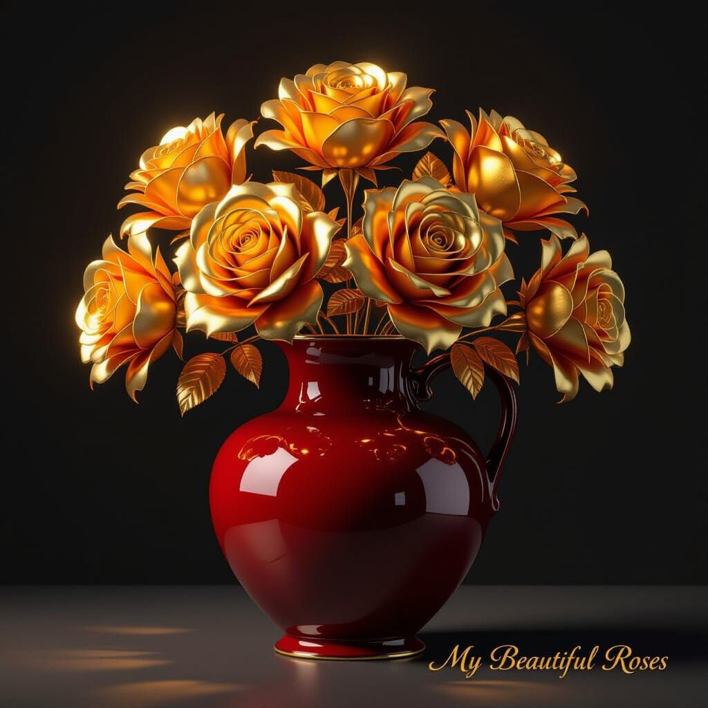 Glowing Yellow Metallic Roses in Red Vase
