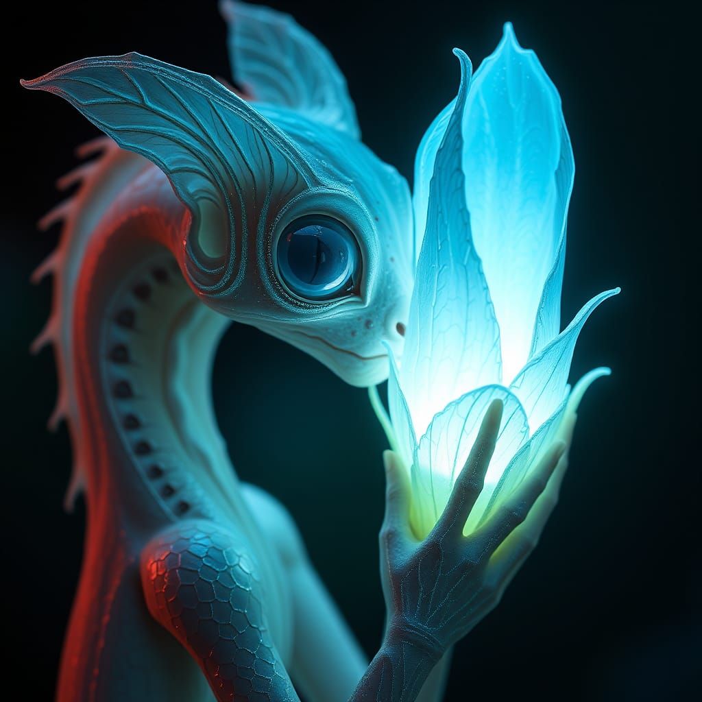 Luminescent Zoomorphic Creature with Bioluminescent Flower