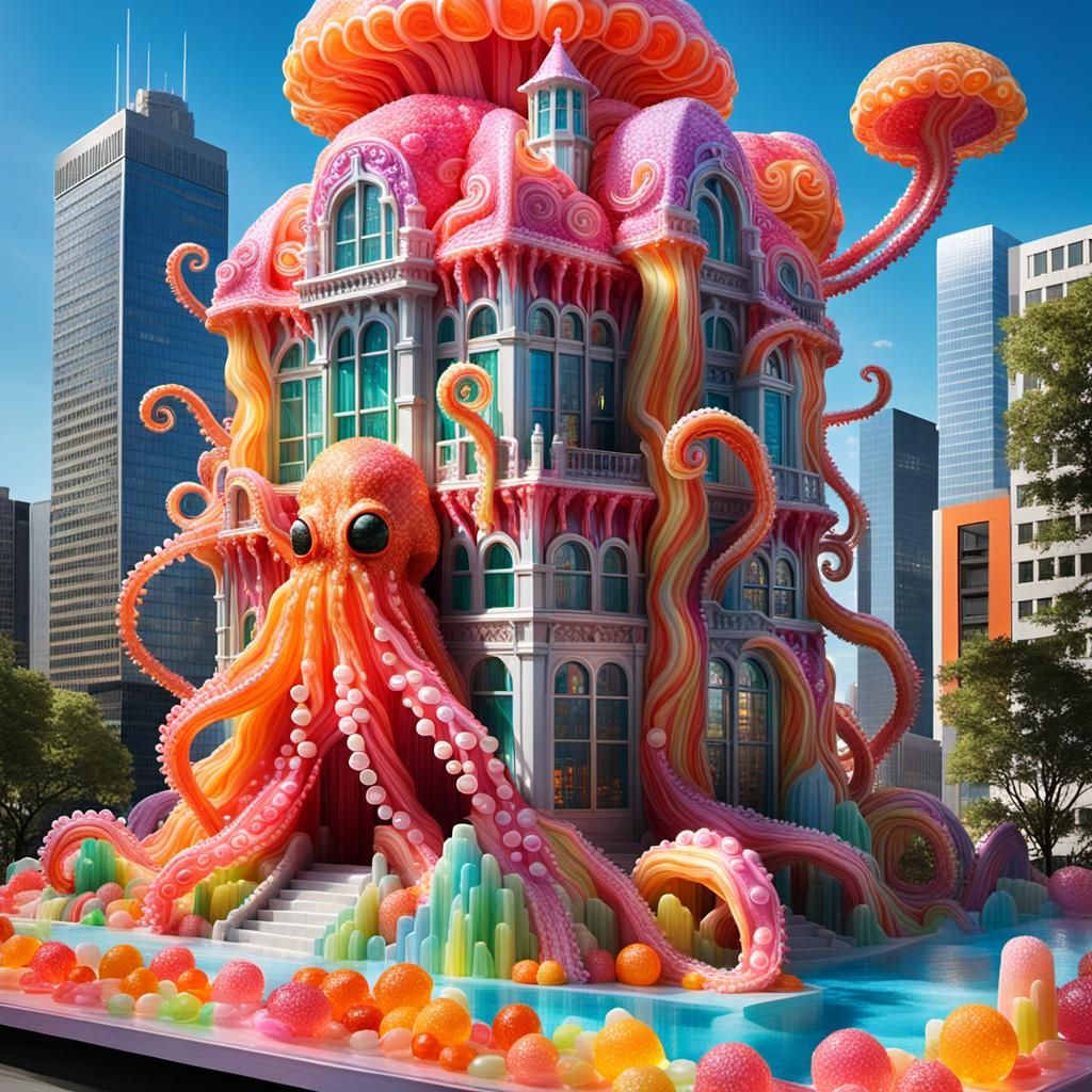 Candy Octopus Skyscraper in a Vibrant Cityscape