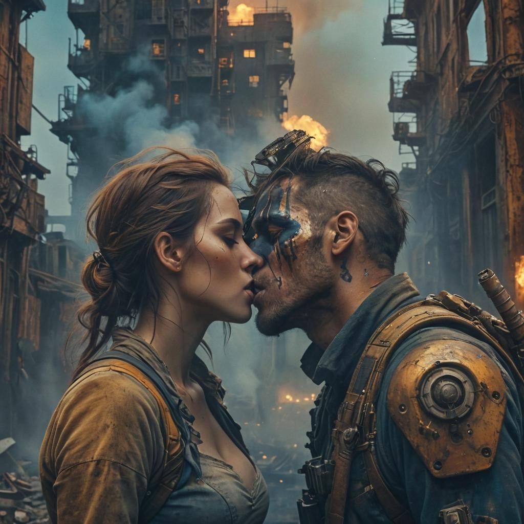 Passionate Kiss in Post-Apocalyptic Golden Hour