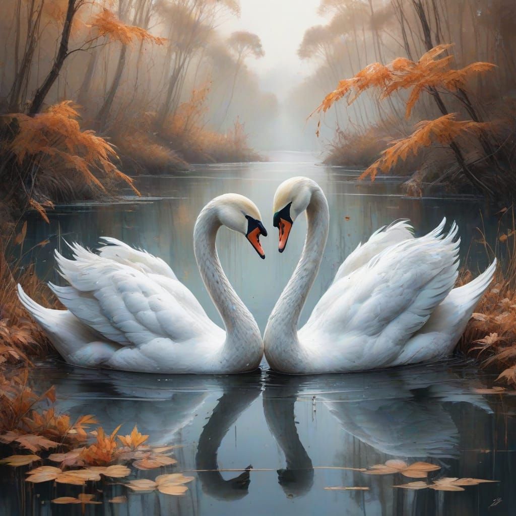Swans Form Heart on Autumn Lake: Watercolor Style
