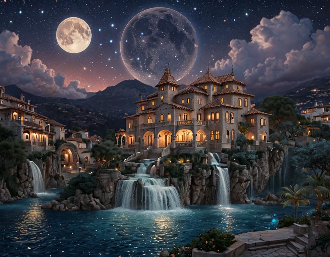 Opalescent Moonlit Cityscape with Waterfall