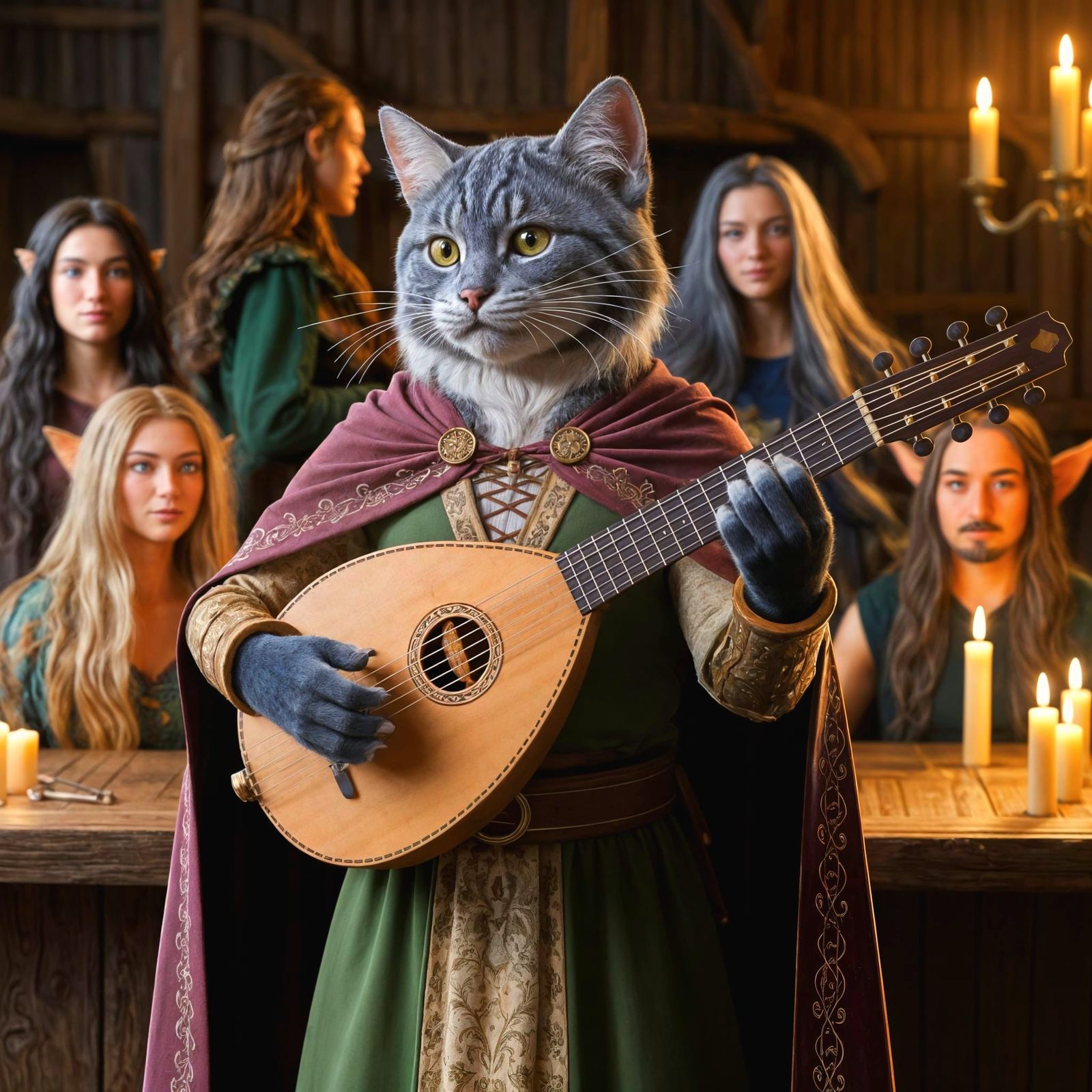 Charismatic Feline Bard Singing in Fantasy Tavern
