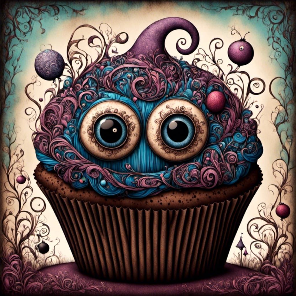 Whimsical Chocolate Monster Halloween Cupcake in Fantasy Sty...