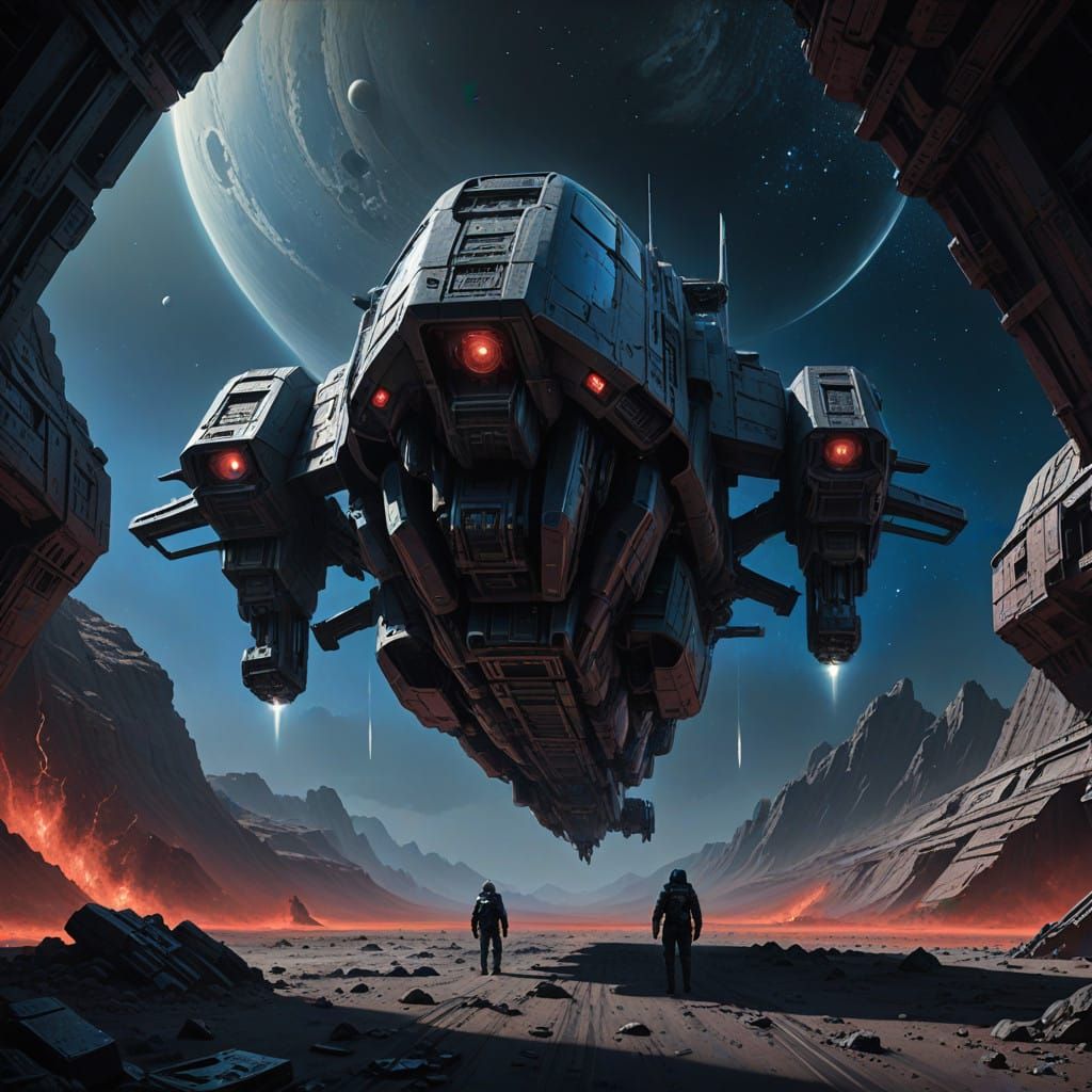 Martian Gunship Amidst Vibrant Nebula in Gritty Sci-Fi Reali...