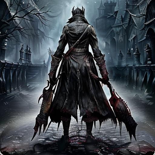 Dark Bloodborne Scene: Female Hunter in Green Cloak