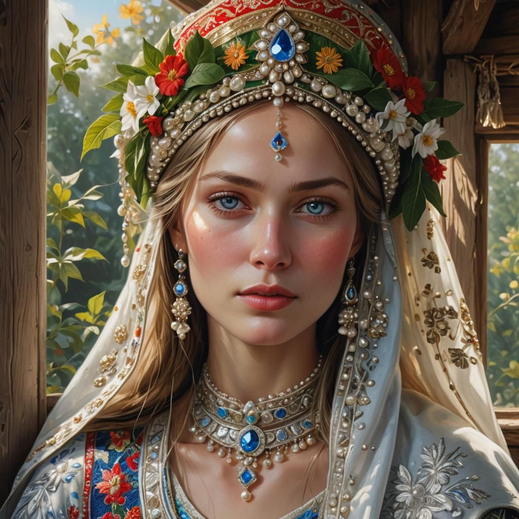 Russian Beauty with Kokoshnik in Photorealistic Art Nouveau ...