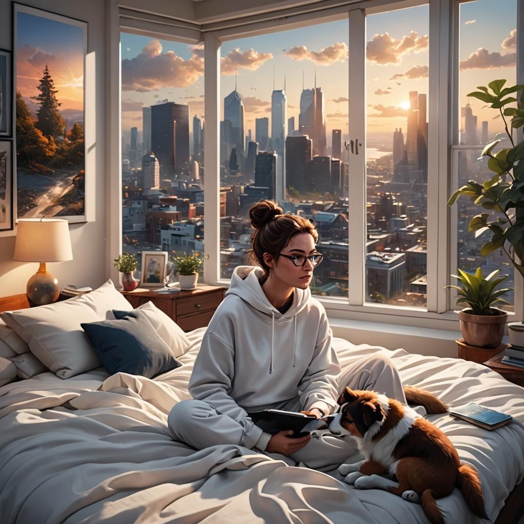 Girl Studying with Dog in Detailed Matte Painting