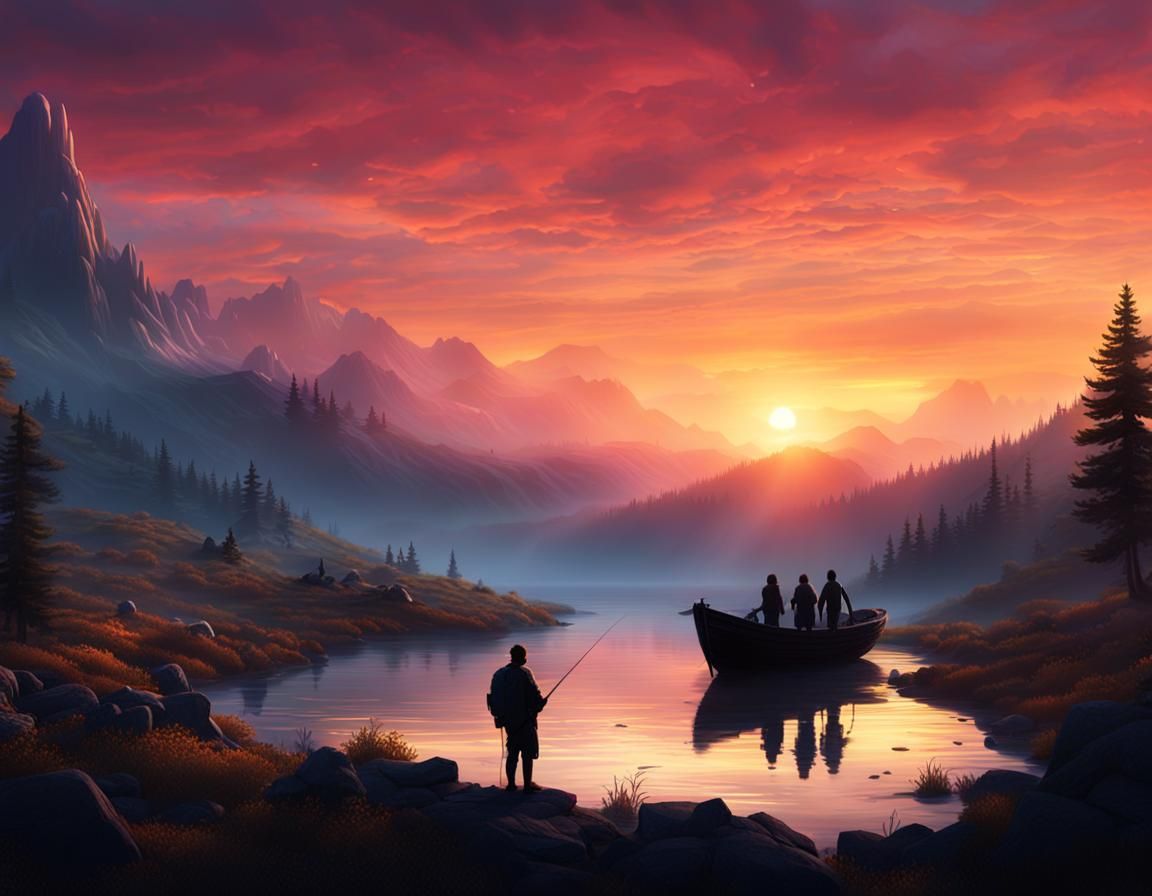 Sunset Silhouette Over Valley: Fantasy Concept Art