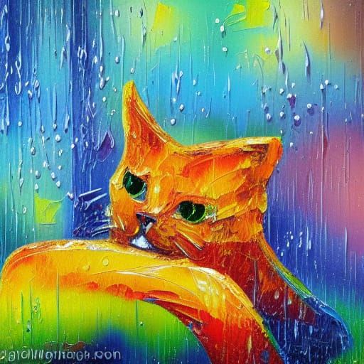 Cat in Rainfall, Expressionist Impasto Oil Painting