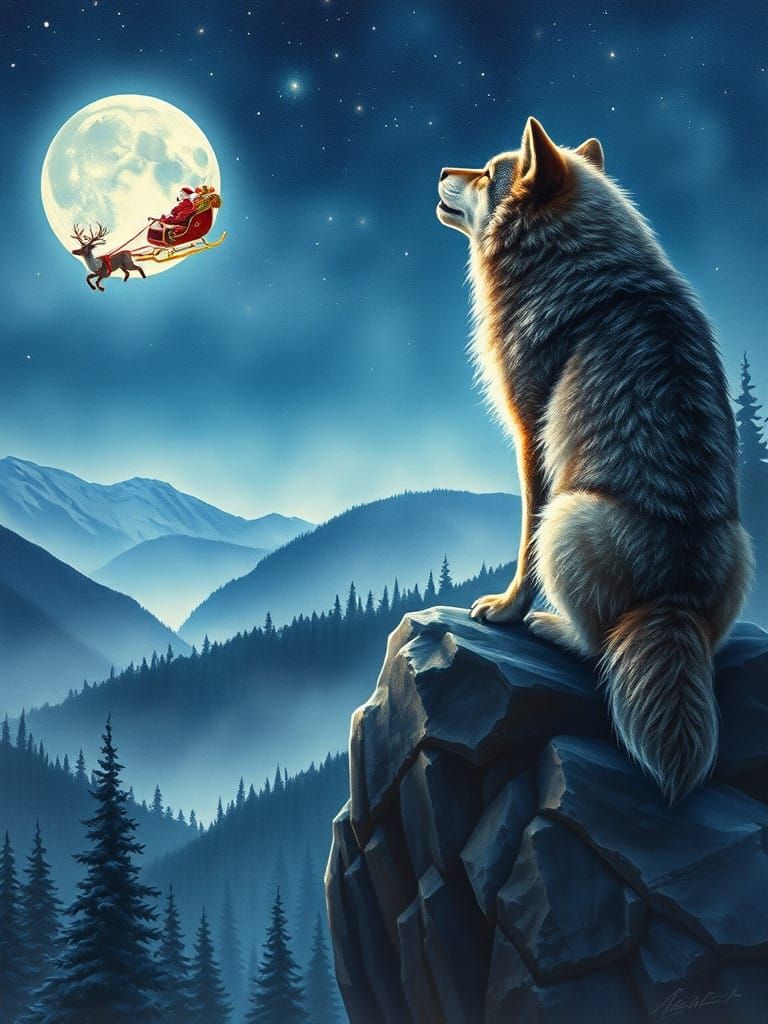 Wolf's Moonlit Howl in Winter Wonderland Landscape