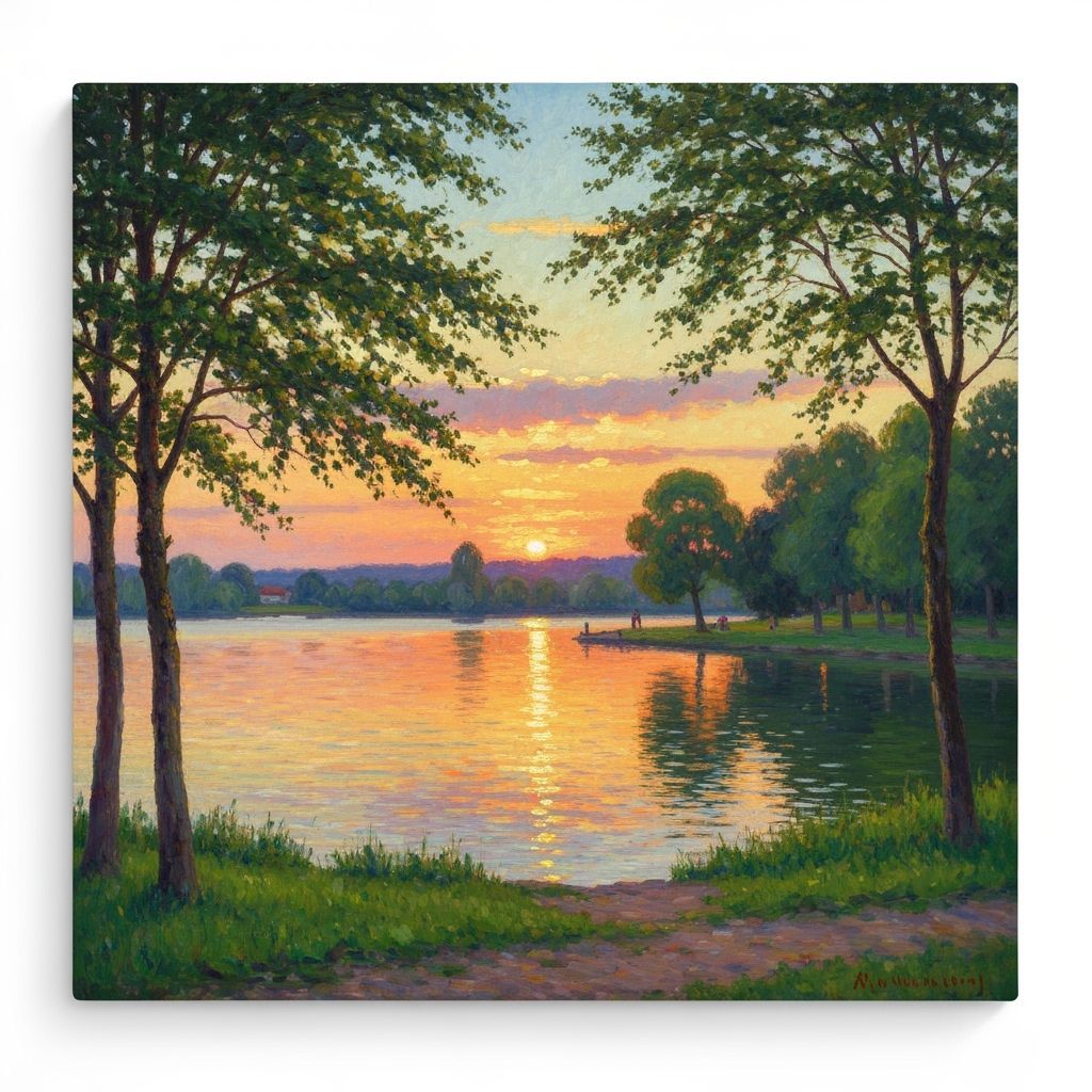 Beautiful Lakeside Sunset in Impressionist Style