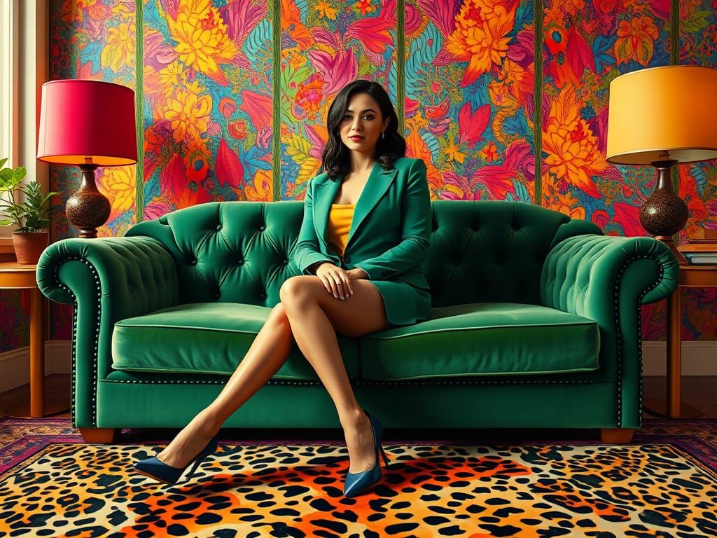 Confident Woman Sits in Vibrant Modern Room with Leopard Rug