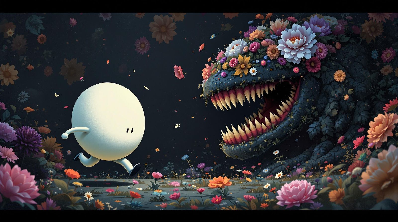 Surreal Cartoon in Dark Floral Dystopian Style