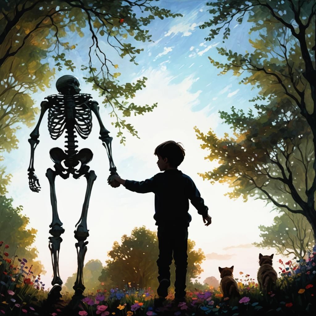 Child and Skeleton Hand in Hand in Vibrant Floral Field
