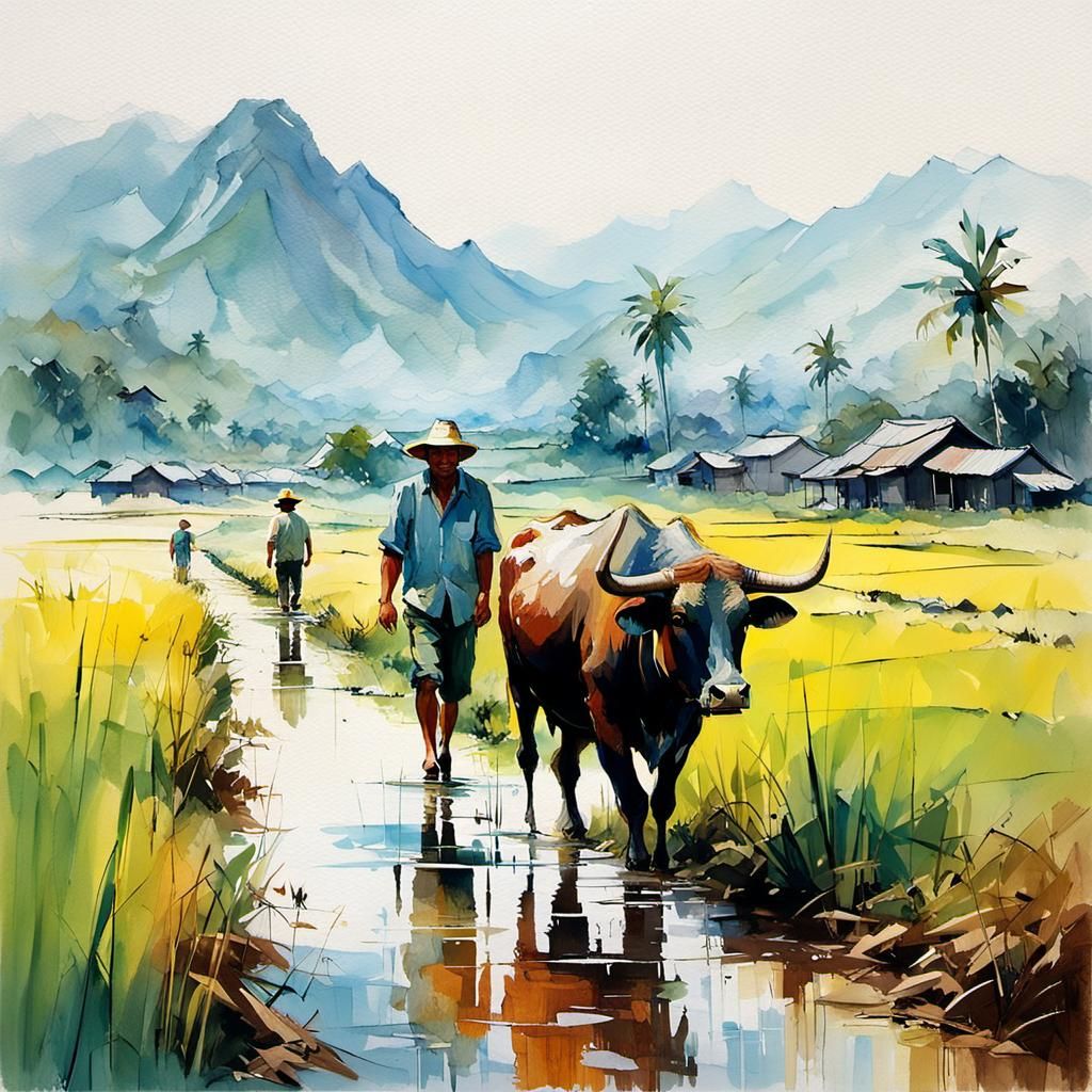 Philippine Farmer and Carabao Painting with Watercolor Effec...