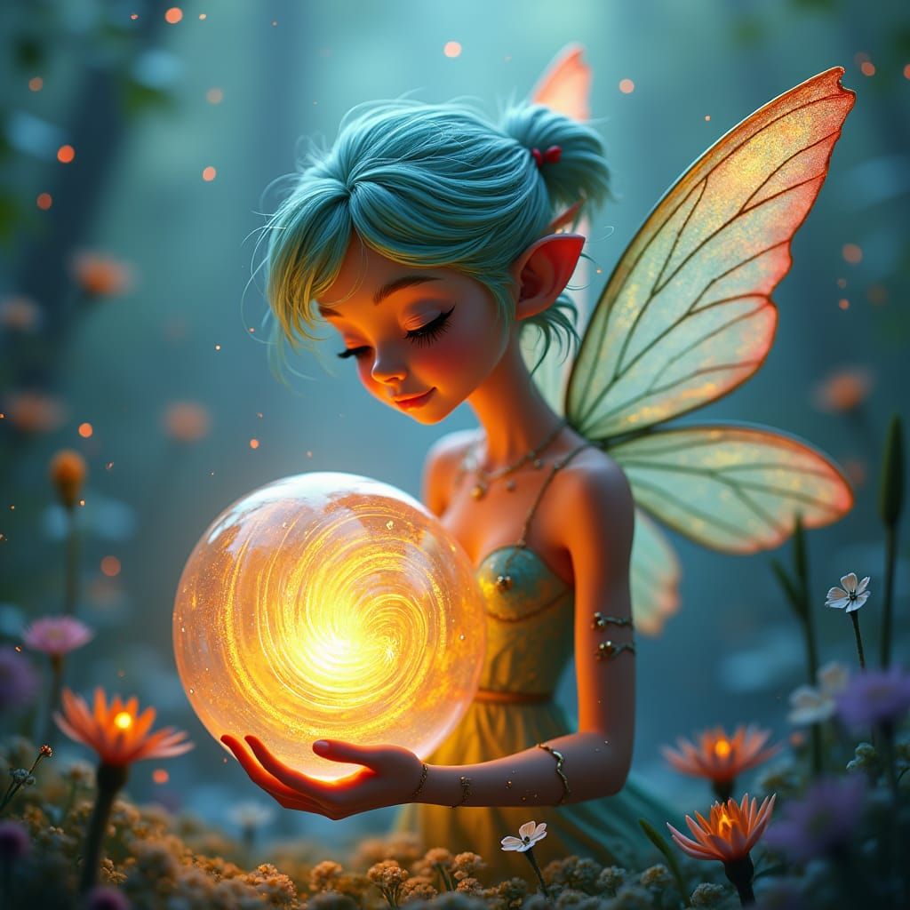 Enchanting Fairy with Magical Orb in Dreamlike Setting
