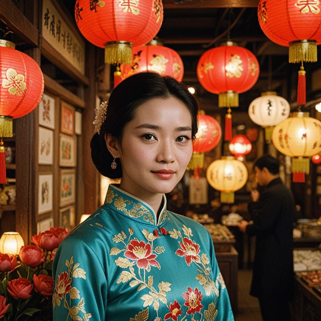 Elegant Woman in Traditional Chinese Cheongsam, Amidst Vibra...
