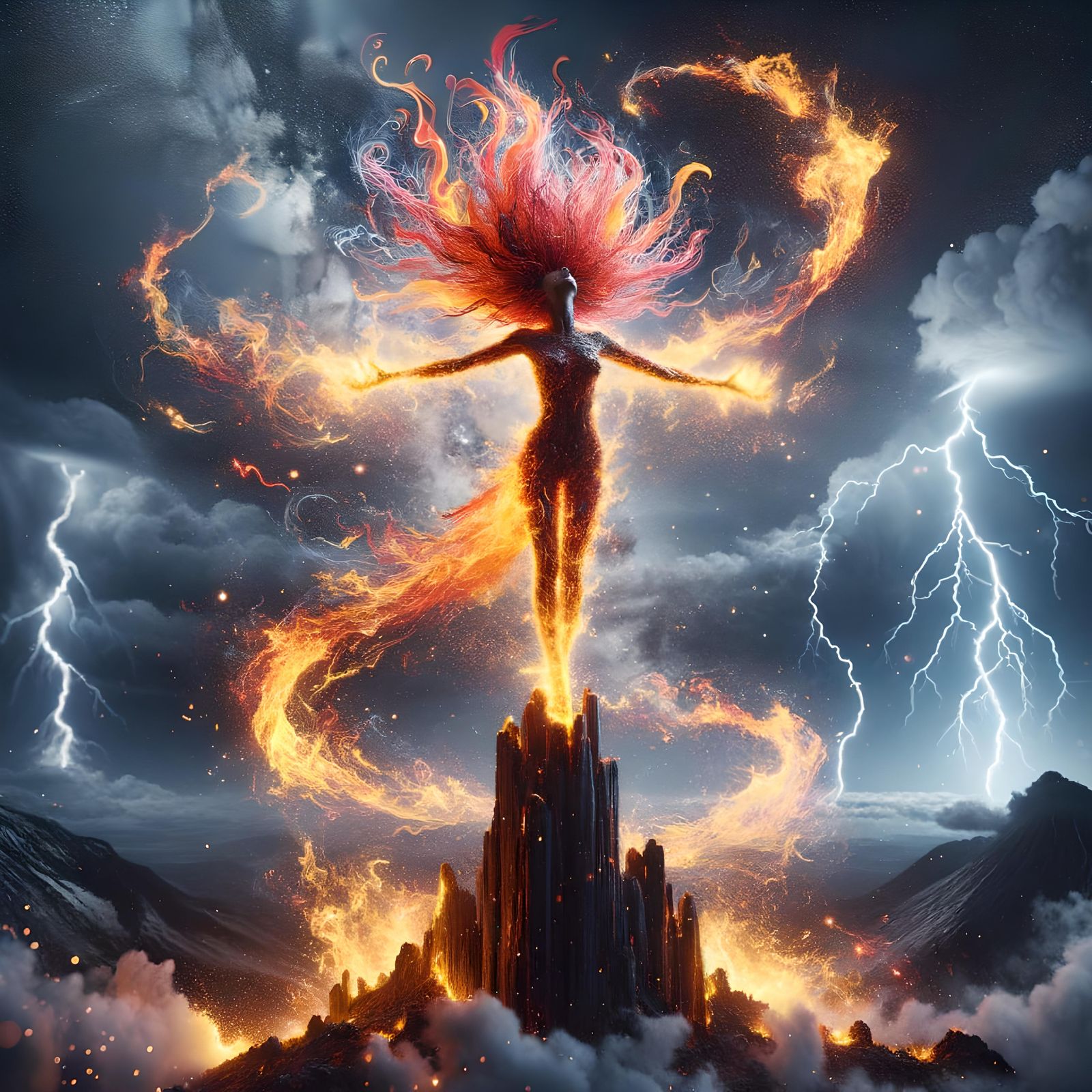 Fiery Girl on Rocky Pillar in Dramatic Photo