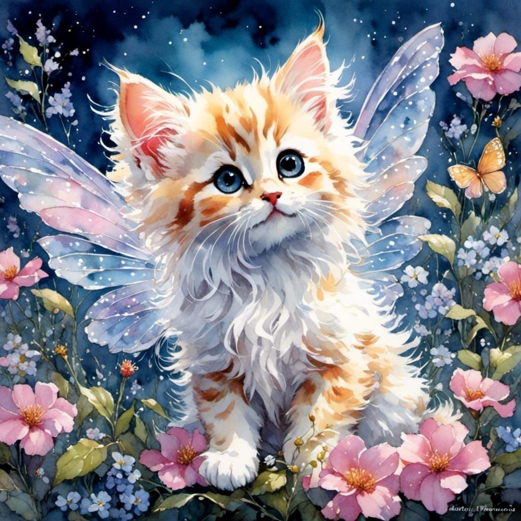 Watercolor Fairy Kitten with Gossamer Wings