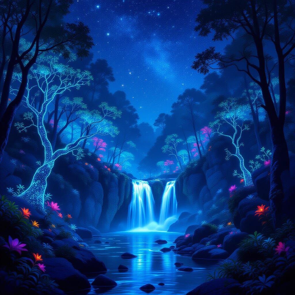 Bioluminescent Forest with Waterfall under Starry Night