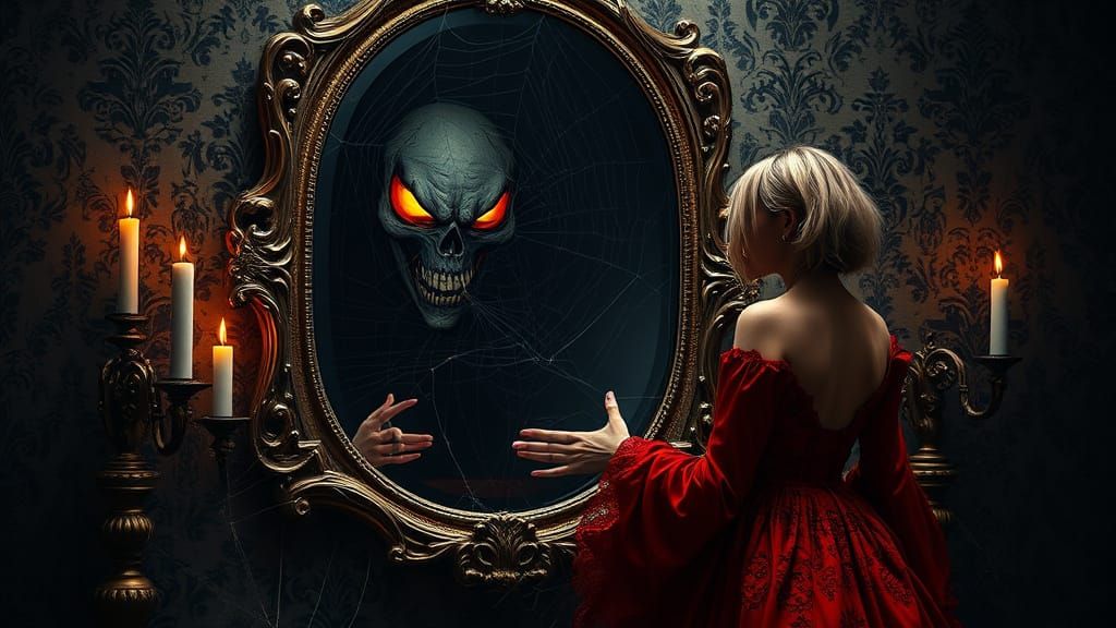 Surreal Woman in Crimson Gown Faces Macabre Reflection in An...