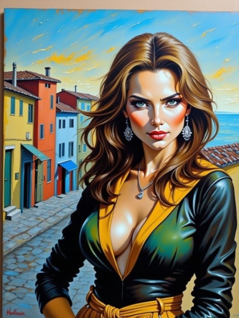 Raquel Welch in Italian Village, Impasto Painting