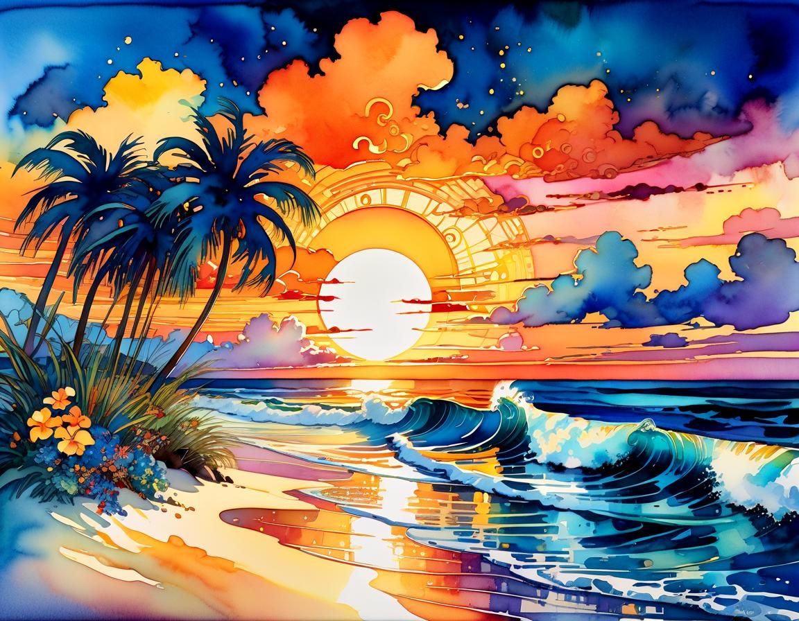Tropical Beach Sunset in Watercolor Style