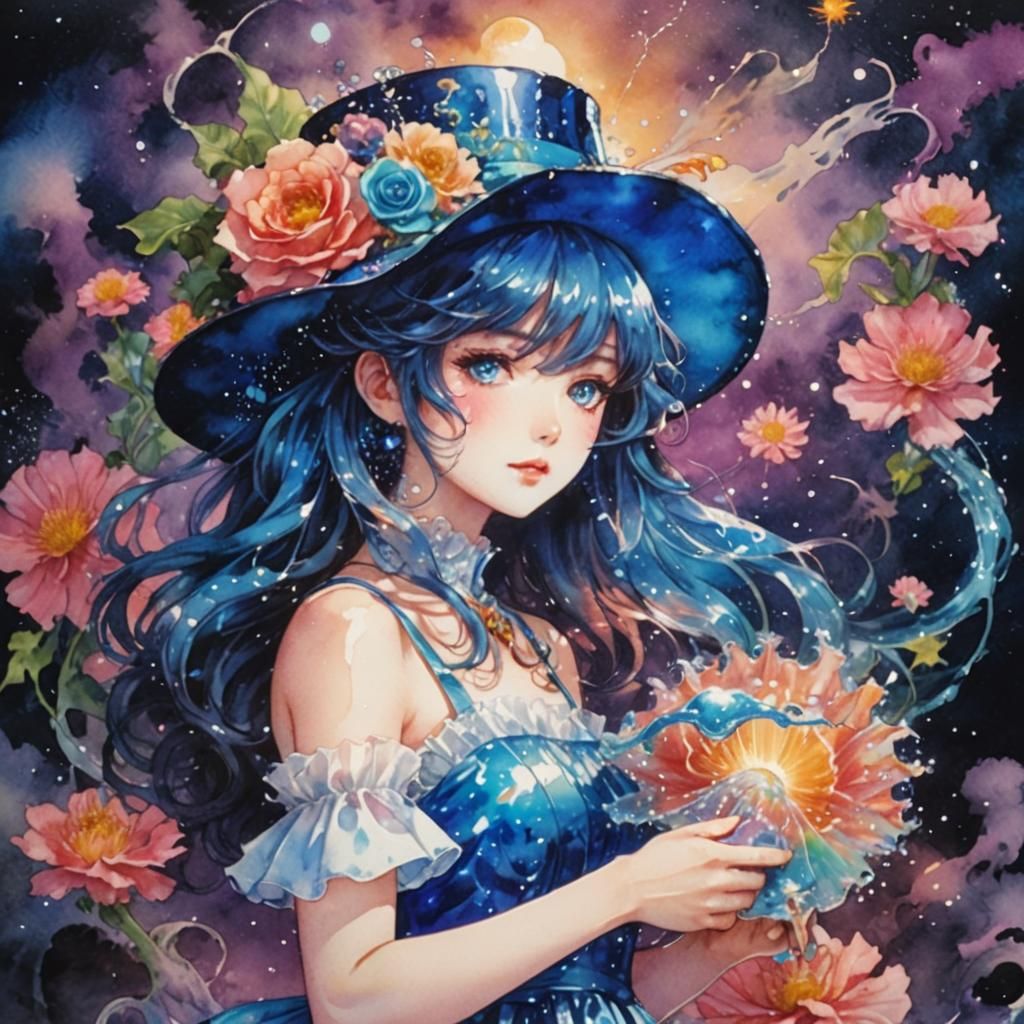 Cosmic Water Creature in 80s Anime Watercolor