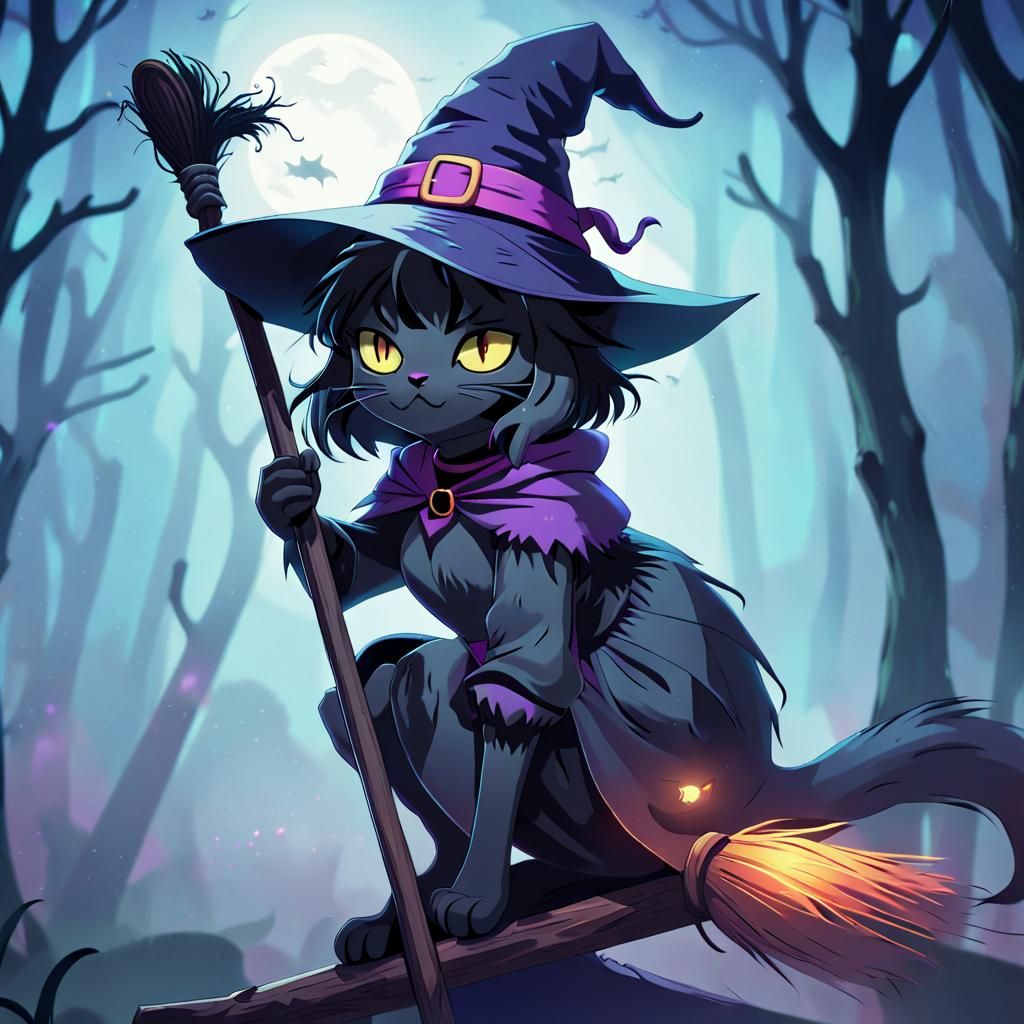 Anime Black Cat Witch in Mystic Forest