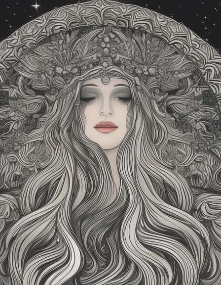 Ethereal Woman with Celestial Crown in Art Nouveau Style
