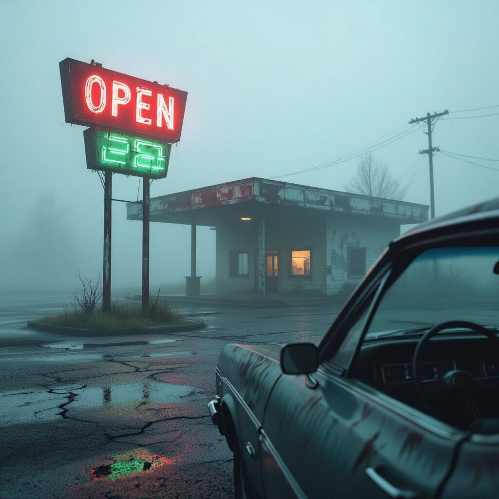 Abandoned Gas Station in Fog: Cinematic Horror Scene