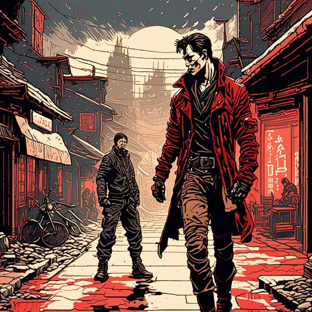 Man in Leather Jacket: Linocut Martial Arts Stance