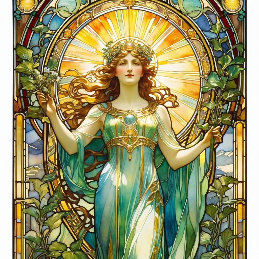 Nature Goddess Stained Glass in Art Nouveau Style